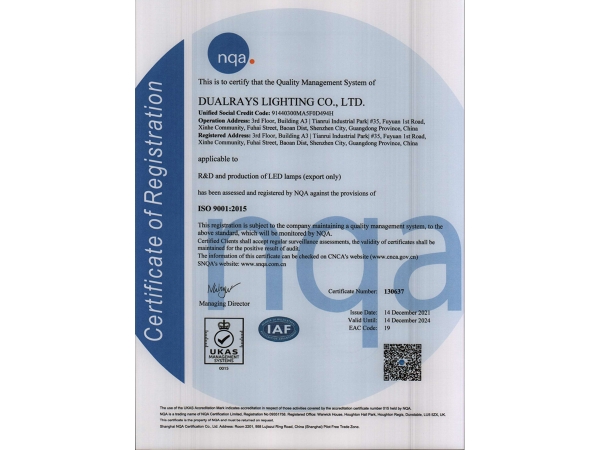 DUALRAYS is Approval by NQA Organization with Updated ISO9001:2015,ISO14001:2015 Systtem Again